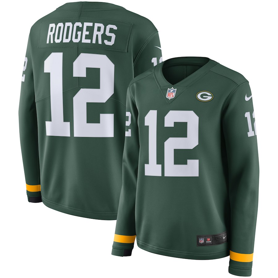 Women Green Bay Packers #12 Rodgers green Limited NFL Nike Therma Long Sleeve Jersey->new england patriots->NFL Jersey